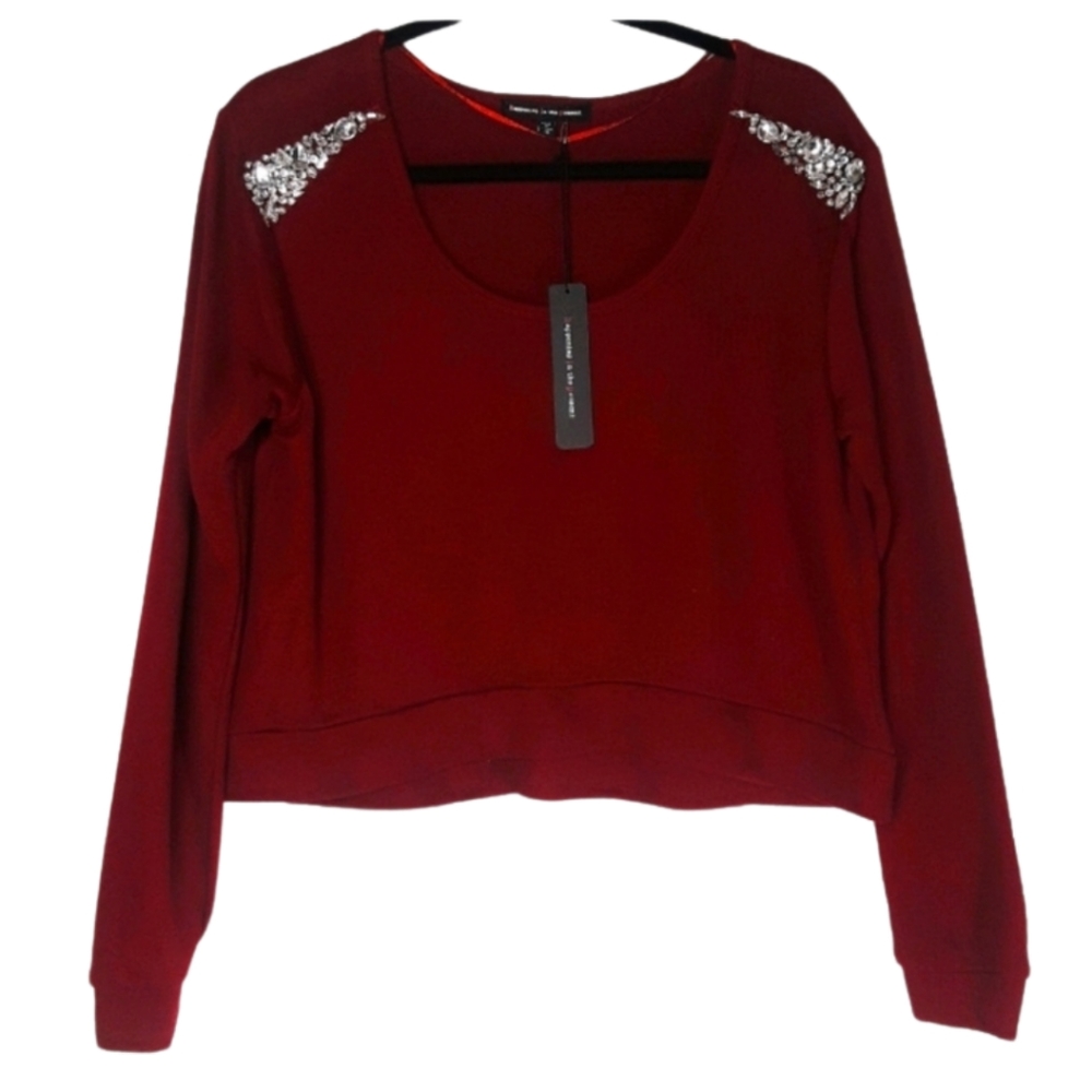 HAPPENING IN THE PRESENT Burgundy Red Rhinestone Jewel Sweater Top NWT